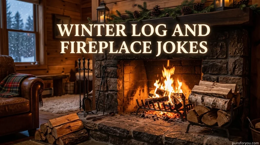 Winter Log and Fireplace Jokes
